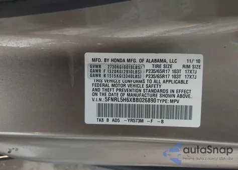 2011 Honda Odyssey Ex-L z USA, uszkodzony, nr VIN 5FNRL5H6XBB026890